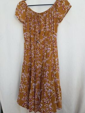 Women’s Mustard Floral Off-Shoulder Midi Dress with Elastic Waist